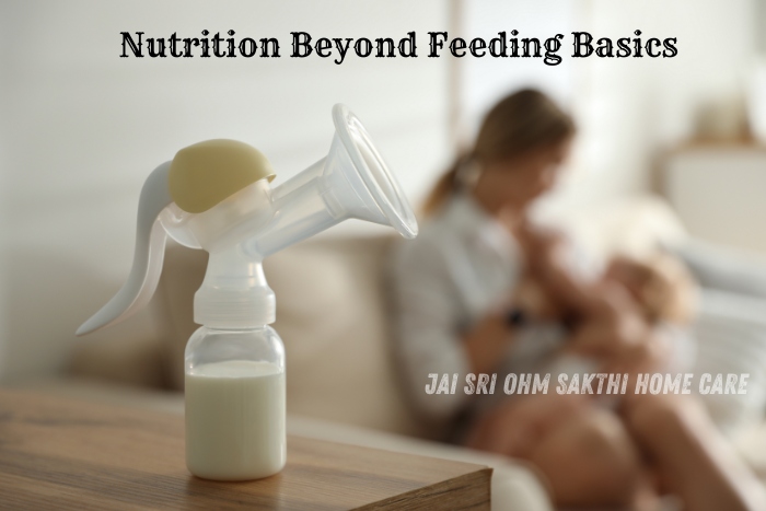 A breast pump and bottle filled with milk on a wooden surface, with a blurred background of a caregiver feeding a baby. This image emphasizes the concept of nutrition beyond feeding basics, highlighting the services offered by Jai Sri Ohm Sakthi Home Care in Coimbatore