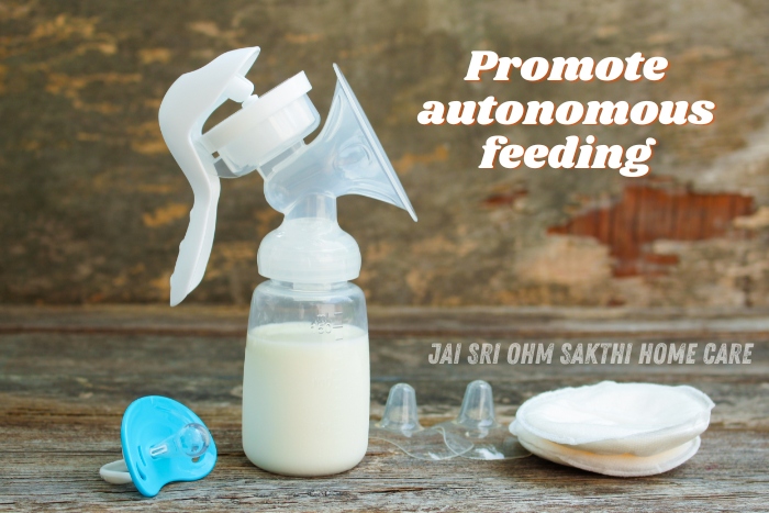 A breast pump and bottle filled with milk, placed on a wooden surface, emphasizing the importance of promoting autonomous feeding for infants. This image highlights the supportive services provided by Jai Sri Ohm Sakthi Home Care in Coimbatore, focusing on the needs of new parents and their babies