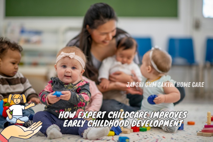 A caregiver interacting joyfully with a group of young children on a play mat, fostering a nurturing environment for early childhood development. This image highlights how expert childcare improves developmental outcomes, showcasing the services provided by Jai Sri Ohm Sakthi Home Care in Coimbatore.