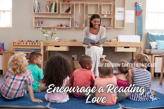 A caregiver reading a book to a group of attentive children sitting on the floor, fostering a love for reading in a cozy learning environment. This image represents the commitment of Jai Sri Ohm Sakthi Home Care in Coimbatore to encourage educational development and literacy through expert childcare services.