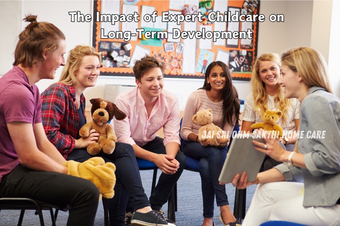 A group of young adults engaged in a discussion, holding stuffed animals while a caregiver presents information on a tablet. This image illustrates the impact of expert childcare on long-term development, showcasing the services provided by Jai Sri Ohm Sakthi Home Care in Coimbatore.