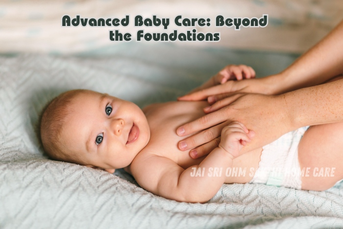 A smiling baby lying on a soft blanket, with a caregiver's hands gently supporting the child. This image illustrates advanced baby care techniques offered by Jai Sri Ohm Sakthi Home Care in Coimbatore. It emphasizes the commitment to providing nurturing and personalized care for infants, going beyond the foundational aspects of baby care