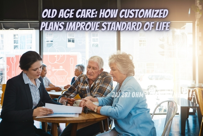 A consultant discussing care plans with an elderly couple in a bright cafe setting, symbolizing the benefits of customized old age care. This image reflects the personalized care services offered by Jai Sri Ohm Sakthi Home Care in Coimbatore to improve the quality of life for seniors