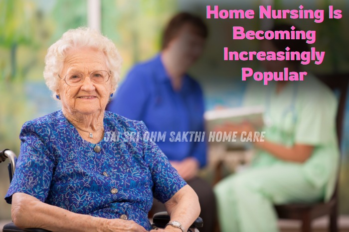 A cheerful elderly woman seated in a wheelchair, with caregivers interacting in the blurred background. This image highlights the growing popularity of home nursing services, showcasing the compassionate and professional care provided by Jai Sri Ohm Sakthi Home Care in Coimbatore. It emphasizes the benefits of personalized, in-home nursing care for seniors