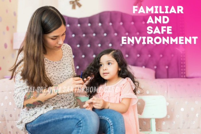 A caregiver gently styling a young girl's hair in a cozy and beautifully decorated bedroom, ensuring a familiar and safe environment